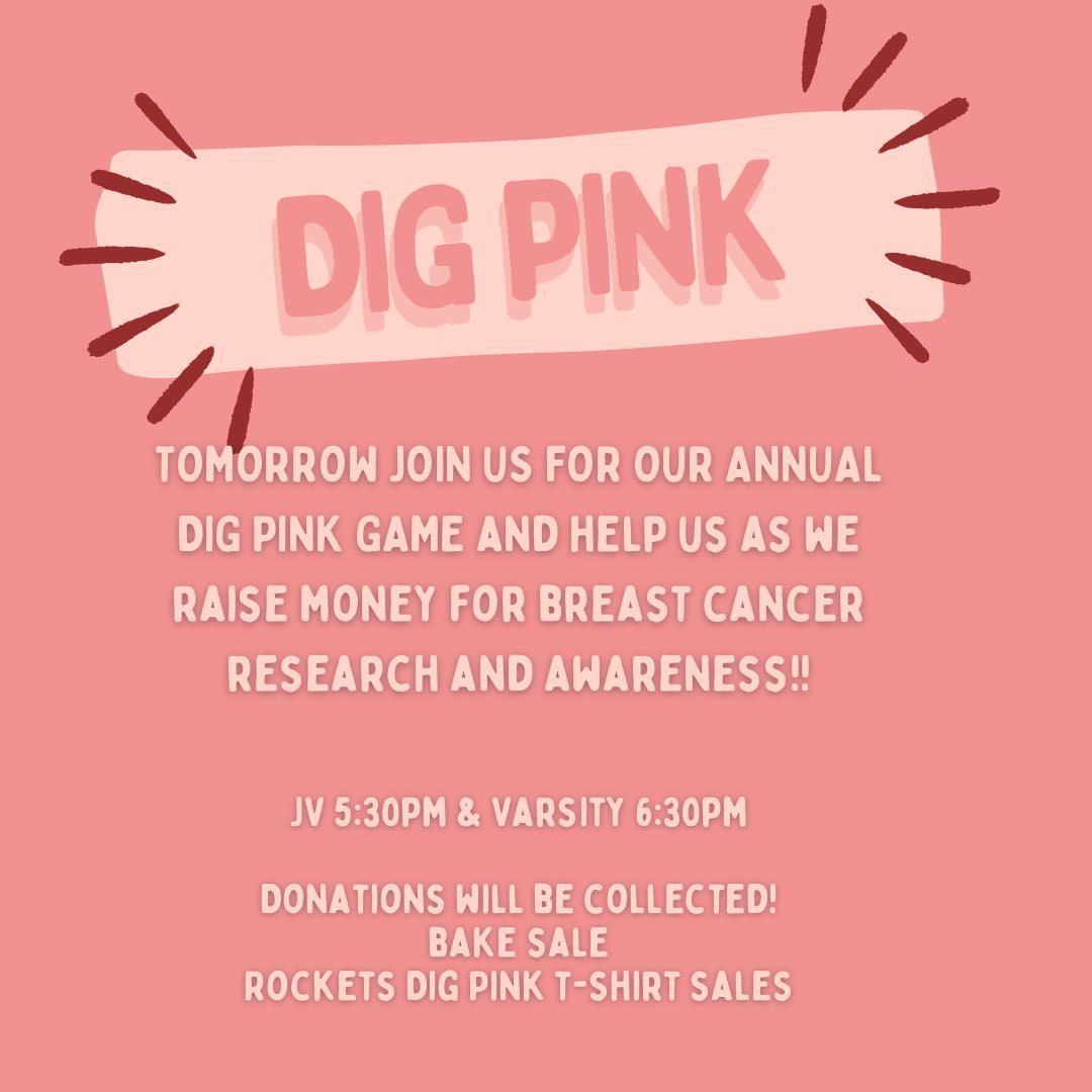 Clear your Calendar & add this instead! Tomorrow! Rockets Dig Pink Match! Wear pink & bring some $$ to donate to a great cause! It’s going to be a good night of 🚀🏐! There will also be a serving contest for prizes! $2 to enter. All the proceeds from the night will be donated!