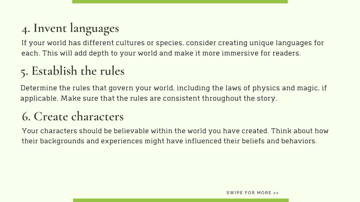 EdioakEdits's tweet image. 🌎✨ Diving into the Art of World-Building! 📚✍️ Mastering these 8 basics is essential for crafting immersive and captivating worlds. 

#WorldBuildingBasics #CreativeWritingTips #FantasyWorlds #SciFiUniverse #StorytellingCraft #ImaginationFlow #CharacterDevelopment #SettingDesign
