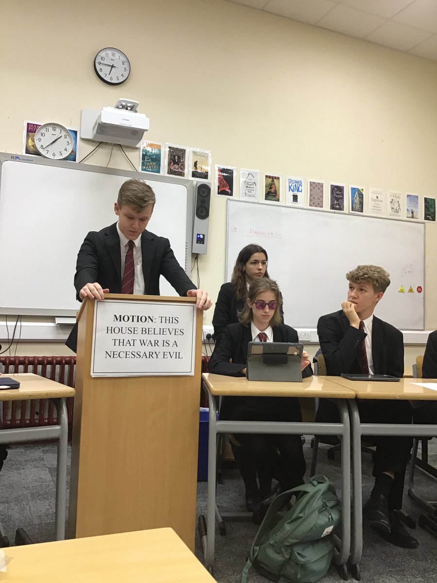 CryptEnglish's tweet photo. The Debate Society held their termly team debate today. The motion: this house believes war is a necessary evil was UPHELD with 76% of the vote. Congratulations to the MC and both teams and to our best speakers: Finnley and Imogen. Thank you to all who attended! https://t.co/4K3OgMfJ7j