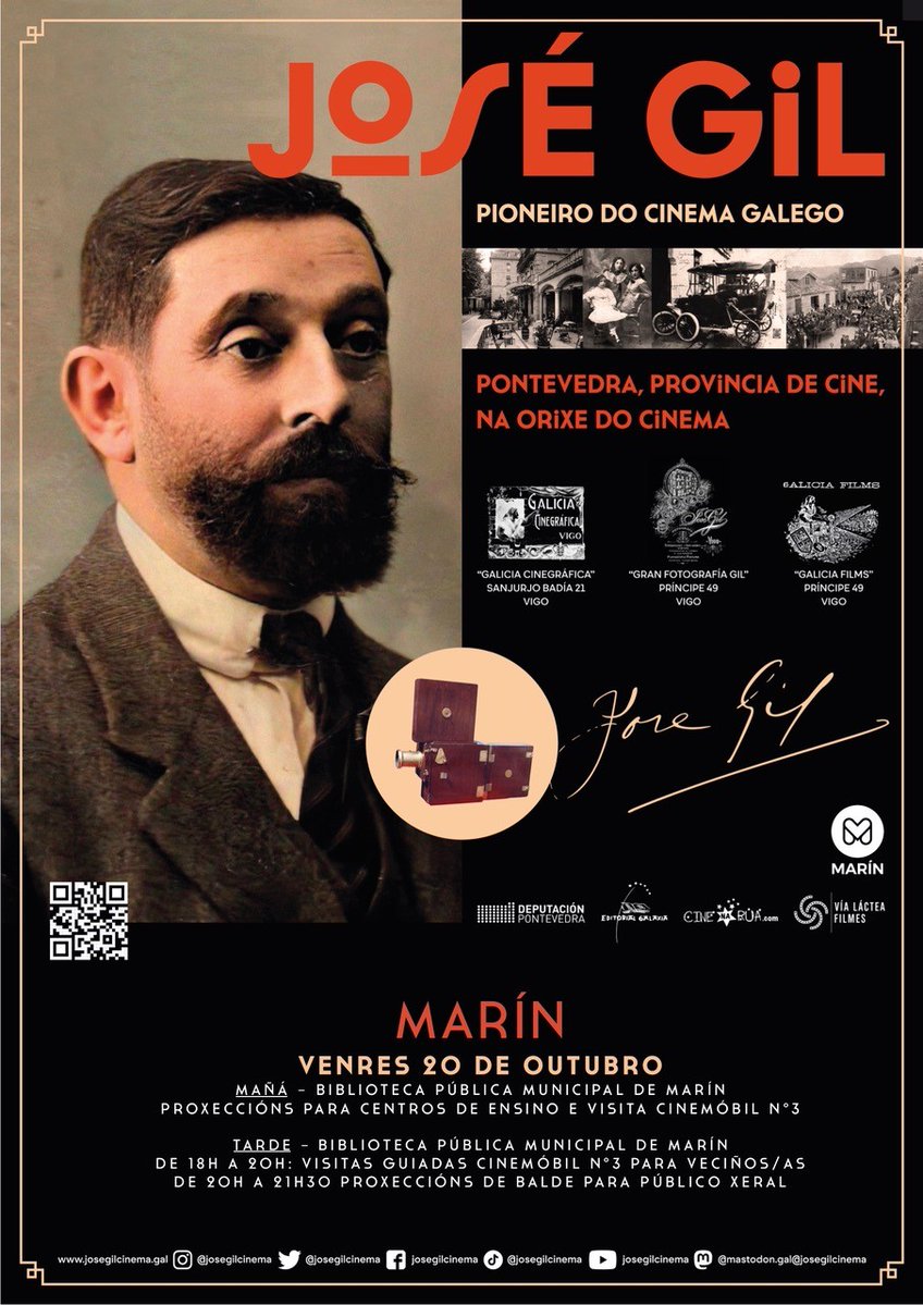 🎥 Este venres 20 de outubro a <a href="/depo_es/">Deputación Pontevedra</a>, Vía Láctea Films, <a href="/EdGalaxia/">Editorial Galaxia</a> e <a href="/cinenaruagal/">Cine na rúa</a> achegan a figura do pioneiro do cinema galego José Gil á veciñaza do <a href="/ConcellodeMarin/">Concello de Marín</a> cunha ampla programación de actividades e unha recreación do seu Cinemóbil 3  

 👉 josegilcinema.gal/a-xira/