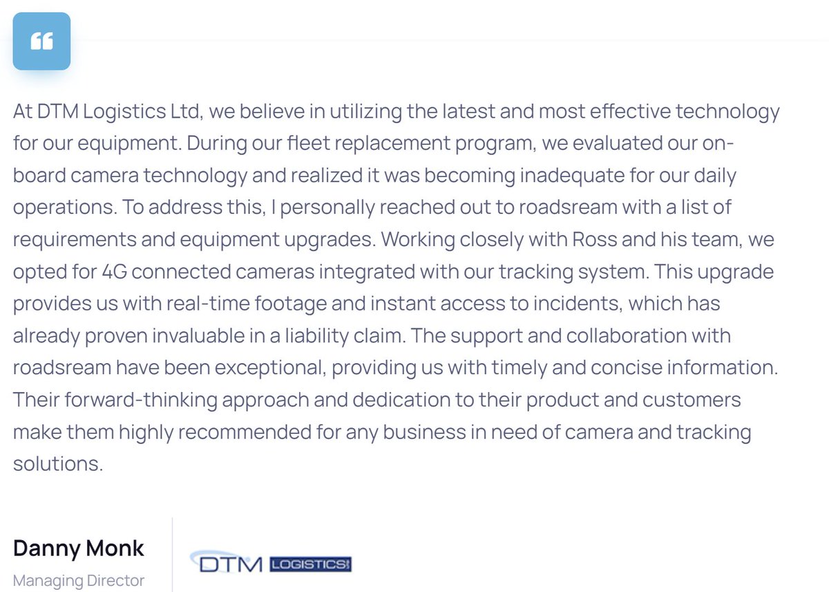 What our clients say about ROADSTREAM.IO LIMITED
Visit our website roadstream.io and book a demo, via Teams or Zoom.
#fleetcameras #vehiclecameras #fleetcctv