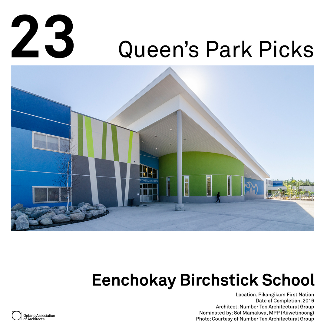 The OAA is pleased to announce that the Eenchokay Birchstick School in Pikangikum First Nation, designed by @numberTENarch, has been selected as a 2023 Queen’s Park Pick. We extend our gratitude to MPP @SolMamakwa for their submission! oaa.on.ca/queens-park-pi…