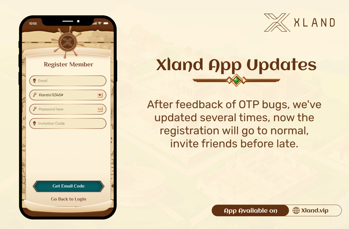 0xXLand's tweet photo. 📢 Exciting news for all Xland App users! 🌟✨ 
Our Registration Page has just received a major update! 🚀
📲 Say goodbye to those pesky OTP bugs as we've worked tirelessly to fix them. 🛠️ 
Now, registering for Xland is smoother than ever! Don't miss out, invite your friends and join the Xland revolution today! ⏰🙌 
#XlandApp #Update #RegistrationRevamped