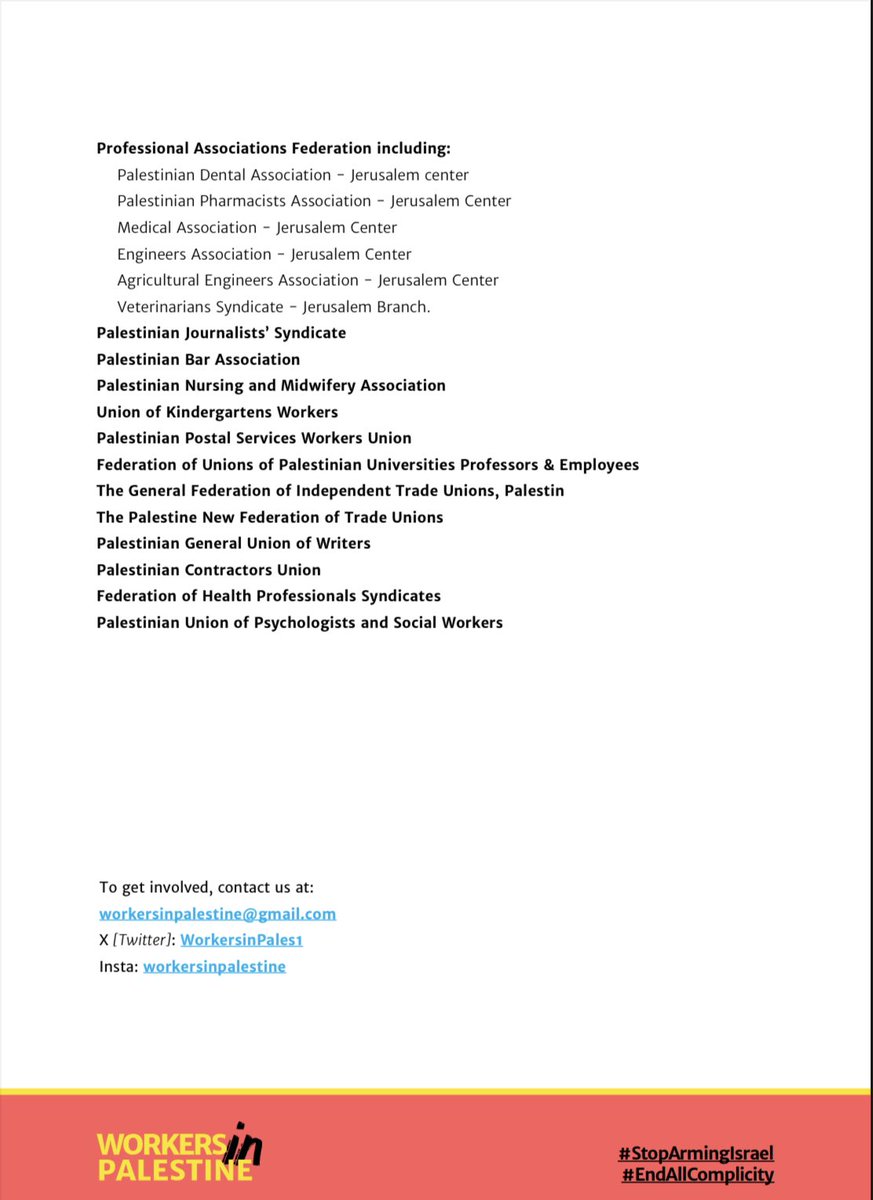 Palestinian trade unions issue a global call to action!  Stop the complicity with Israel's crimes! The time is NOW to halt the arms trade, funding, and military research. Palestinian lives depend on it. Share this message far and wide! #PalestineSolidarity #StoArmingIsrael