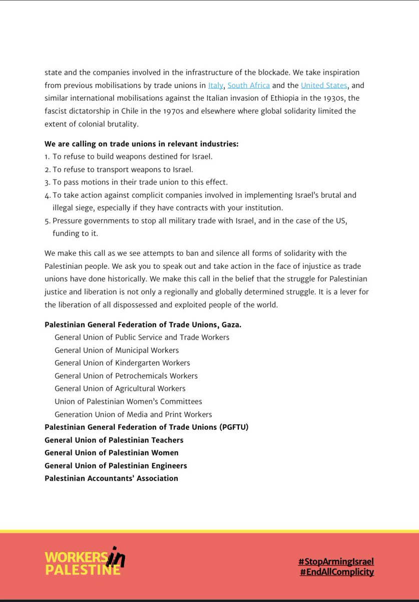 WorkersinPales1's tweet image. Palestinian trade unions issue a global call to action! Stop the complicity with Israel's crimes! The time is NOW to halt the arms trade, funding, and military research. Palestinian lives depend on it. Share this message far and wide! #PalestineSolidarity #StoArmingIsrael