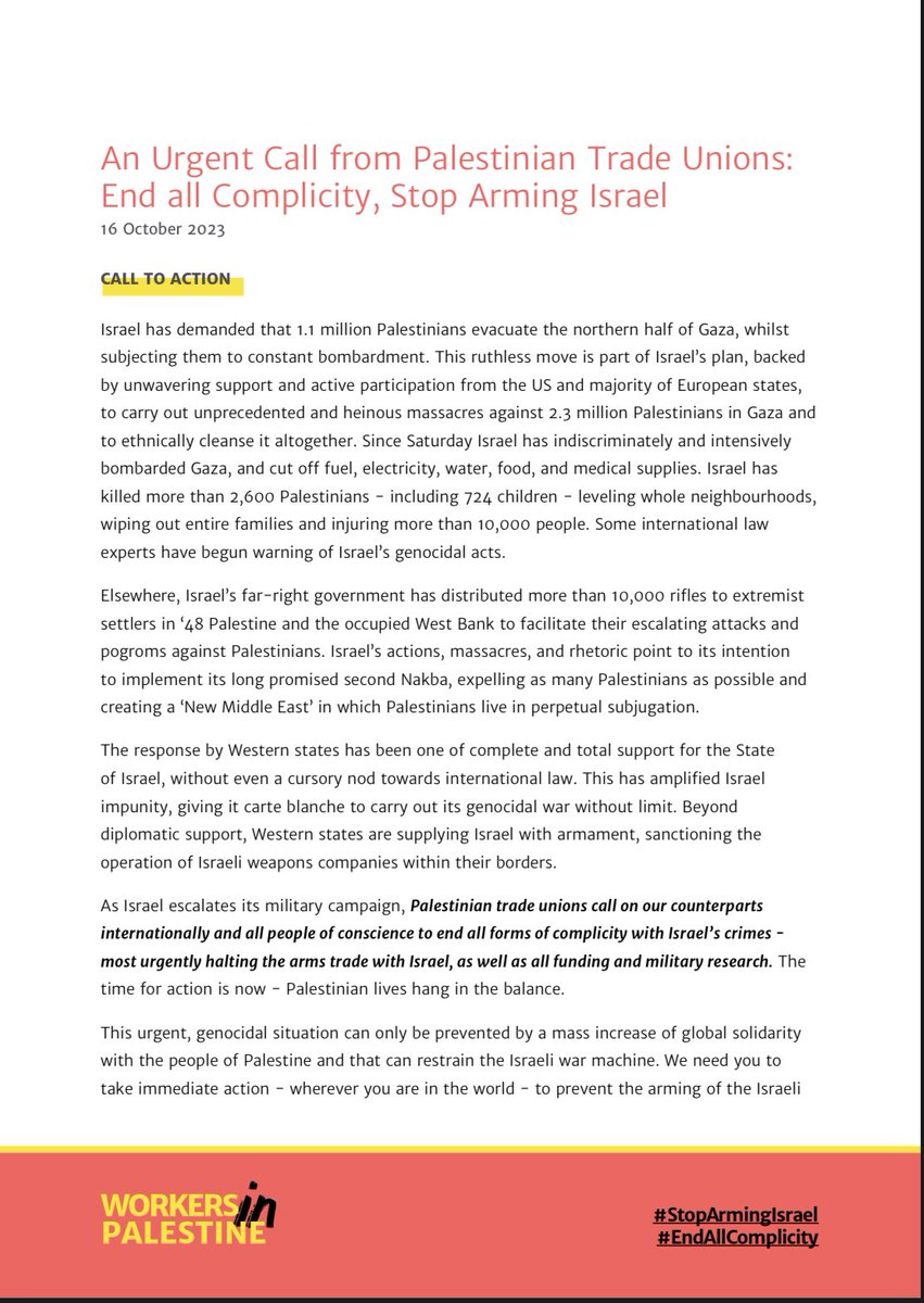 WorkersinPales1's tweet image. Palestinian trade unions issue a global call to action! Stop the complicity with Israel's crimes! The time is NOW to halt the arms trade, funding, and military research. Palestinian lives depend on it. Share this message far and wide! #PalestineSolidarity #StoArmingIsrael