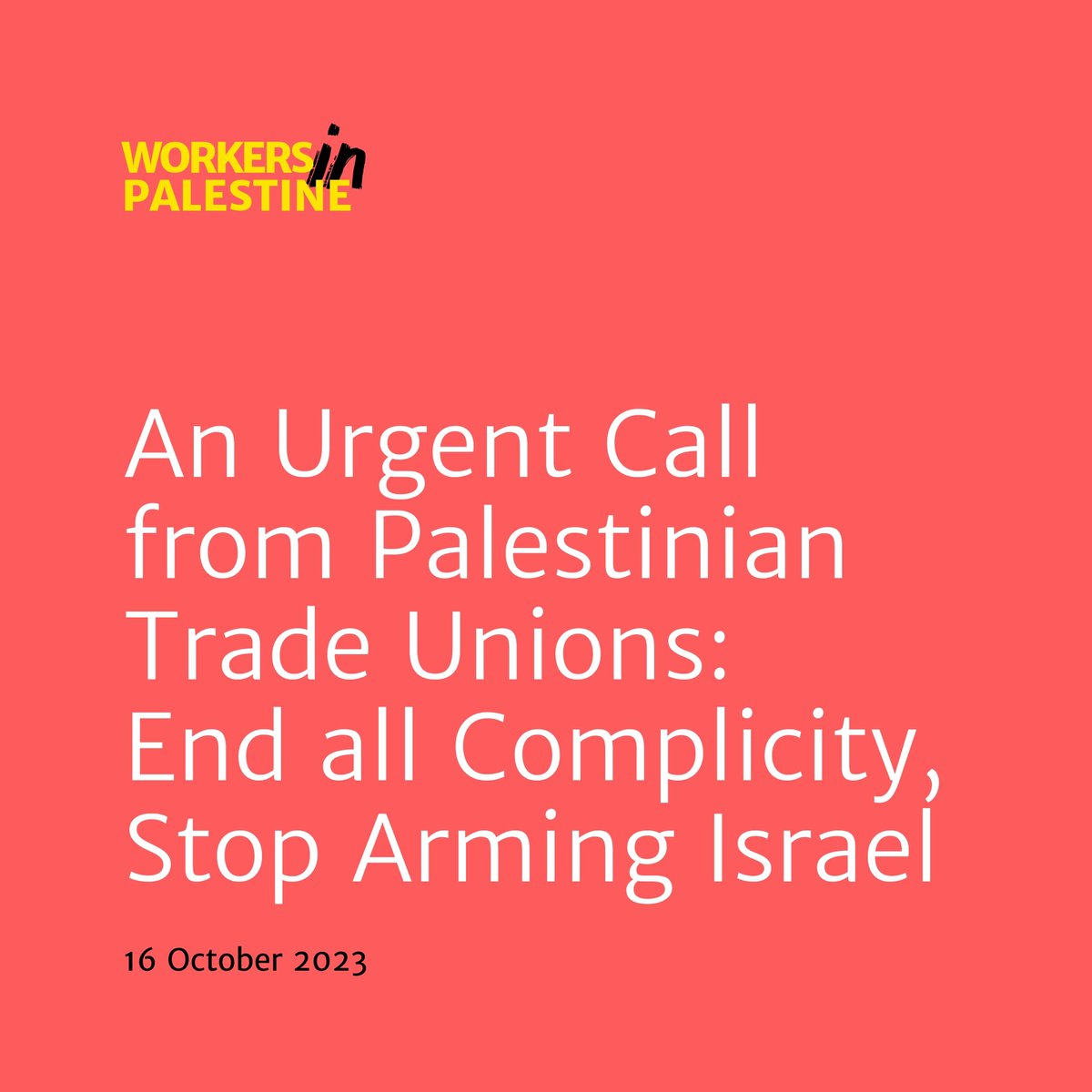 WorkersinPales1's tweet image. Palestinian trade unions issue a global call to action! Stop the complicity with Israel's crimes! The time is NOW to halt the arms trade, funding, and military research. Palestinian lives depend on it. Share this message far and wide! #PalestineSolidarity #StoArmingIsrael