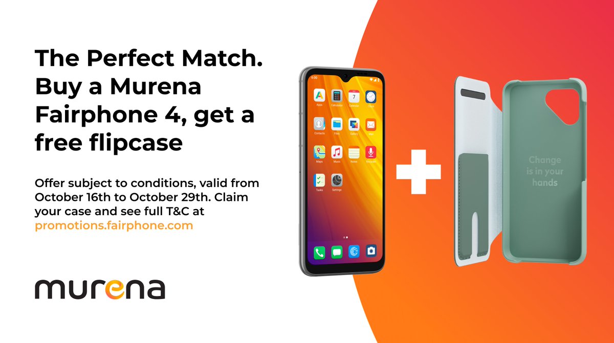 MurenaCom's tweet photo. 📱The Perfect Match. 

From October 16 to October 29, get a free Flipcase when buying Murena @Fairphone 4. 

See more details at 👉 https://t.co/nH6nPz1fg4 #specialoffer

@e_mydata @gael_duval https://t.co/H3XlC8mT2b