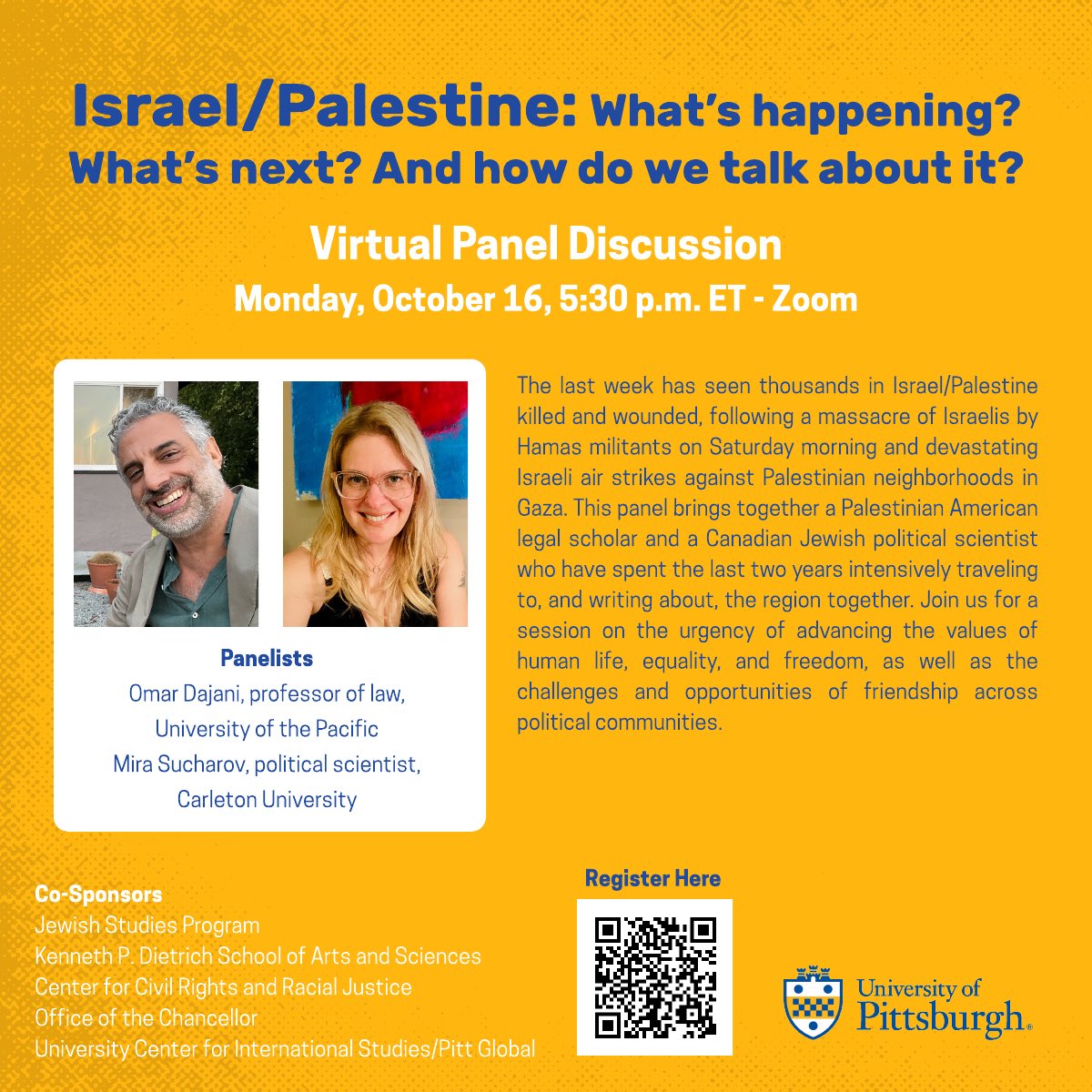 Join our virtual discussion tonight, co-hosted by: - Jewish Studies Program - @pitt_ccrrj - @PittChancellor - @PittUcis Register: pitt.zoom.us/webinar/regist… #PittNow