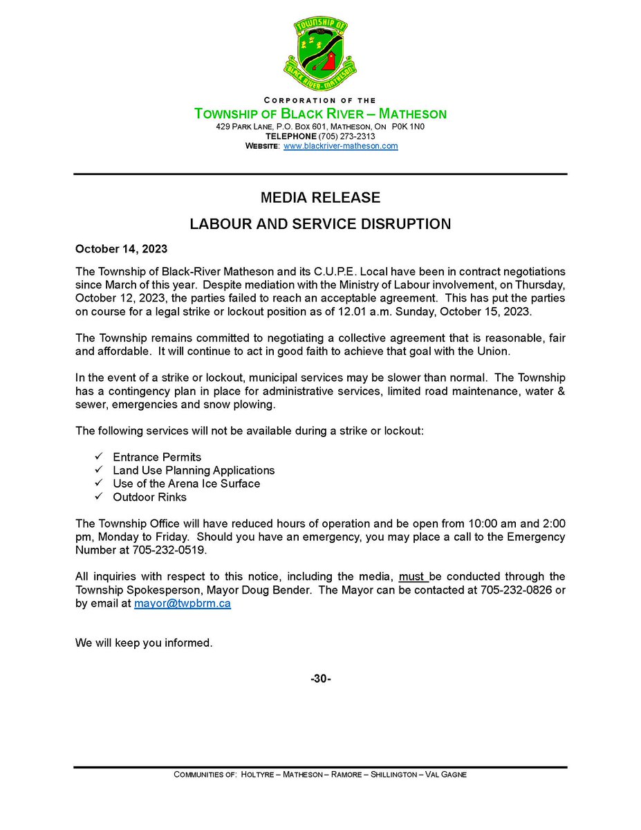 The Township is committed to a continuation of all necessary services.