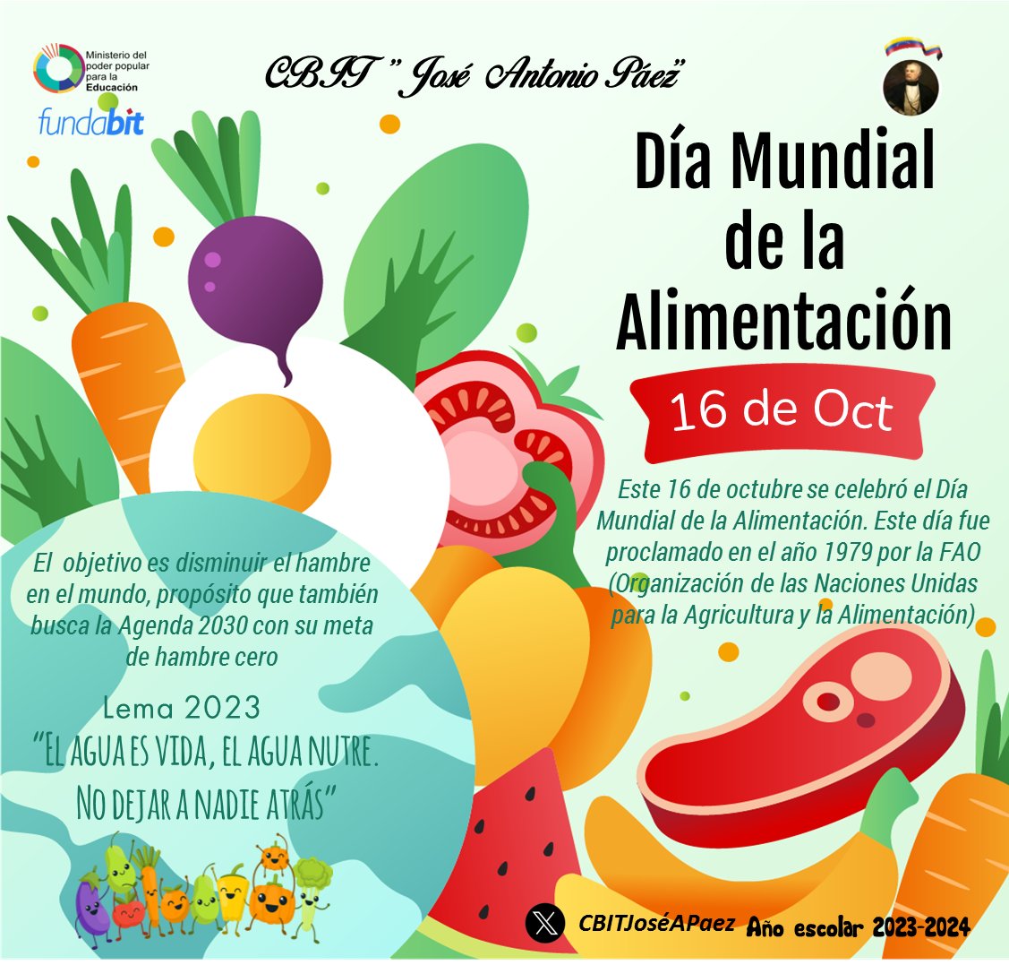 #16Oct Día Mundial de la Alimentación se estableció con el propósito de resaltar la importancia de la seguridad alimentaria y la nutrición @MPPEDUCACION <a href="/pedrogordon2121/">Pedro Gordon</a> <a href="/CanaimaGNULinux/">Canaima GNU/Linux</a> <a href="/crauetdt/">Radio Talento</a>
<a href="/CNTI_VE/">Centro Nacional de Tecnologías de Información</a>  
#ConMaduroMásVerdadYPaz
#DíaMundialDeLaAlimentación
#Efemérides