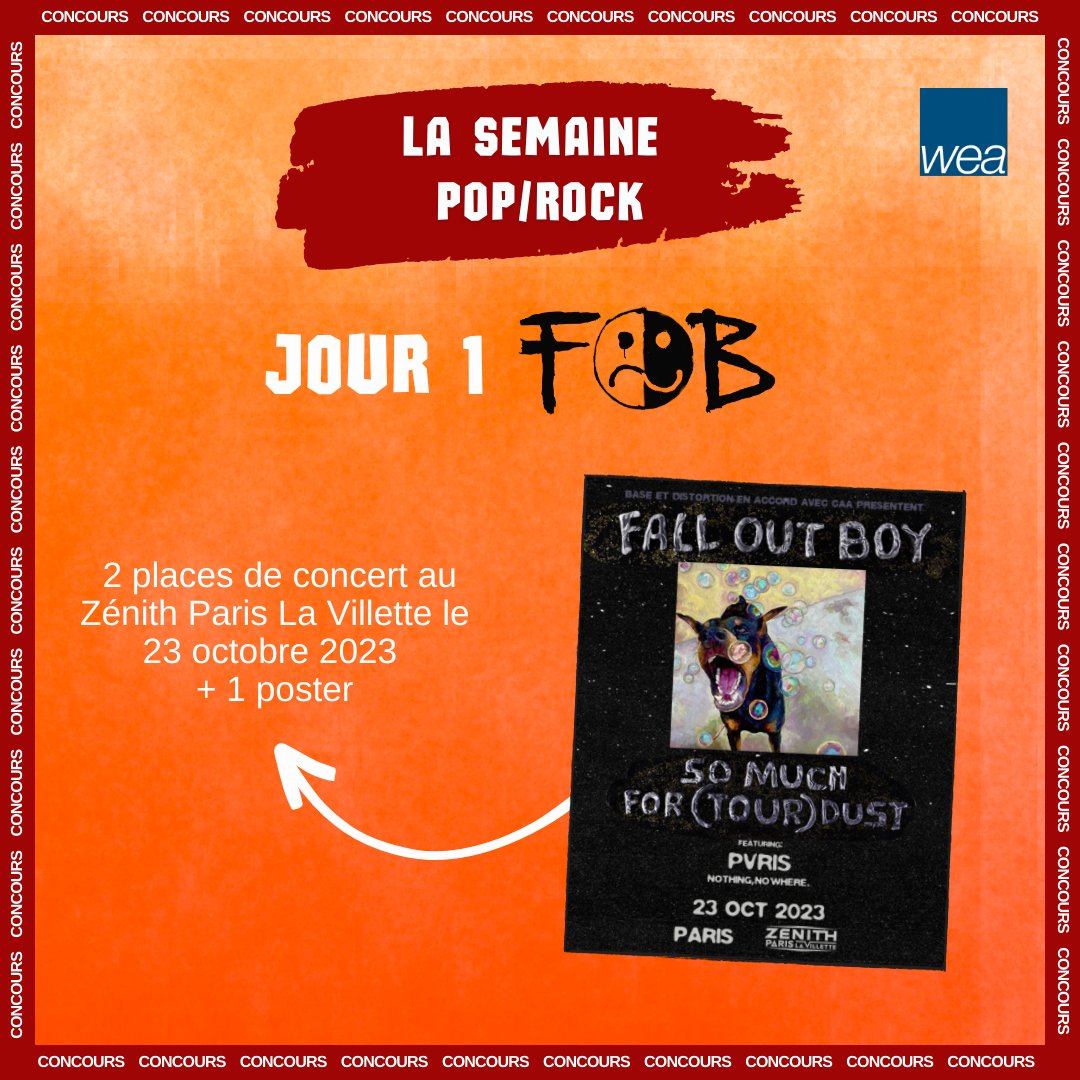 WEAMusic's tweet image. ✨CONCOURS✨Pour le premier jour de la semaine pop/rock, tente de gagner 2 places pour le concert de @falloutboy au @Zenith_Paris le lundi 23 octobre 2023 ainsi qu’un poster du groupe ! Clique ici pour participer : WEA.lnk.to/LaSemainePopRo… 
⏳Fin du concours le 18/10 23H59.