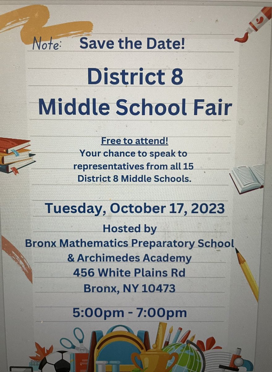 Please attend our District 8 Middle School Fair happening tomorrow night! @D8Connect @NYCSchools @DOEChancellor @Bronxmath375 @ArchimedesAcad1