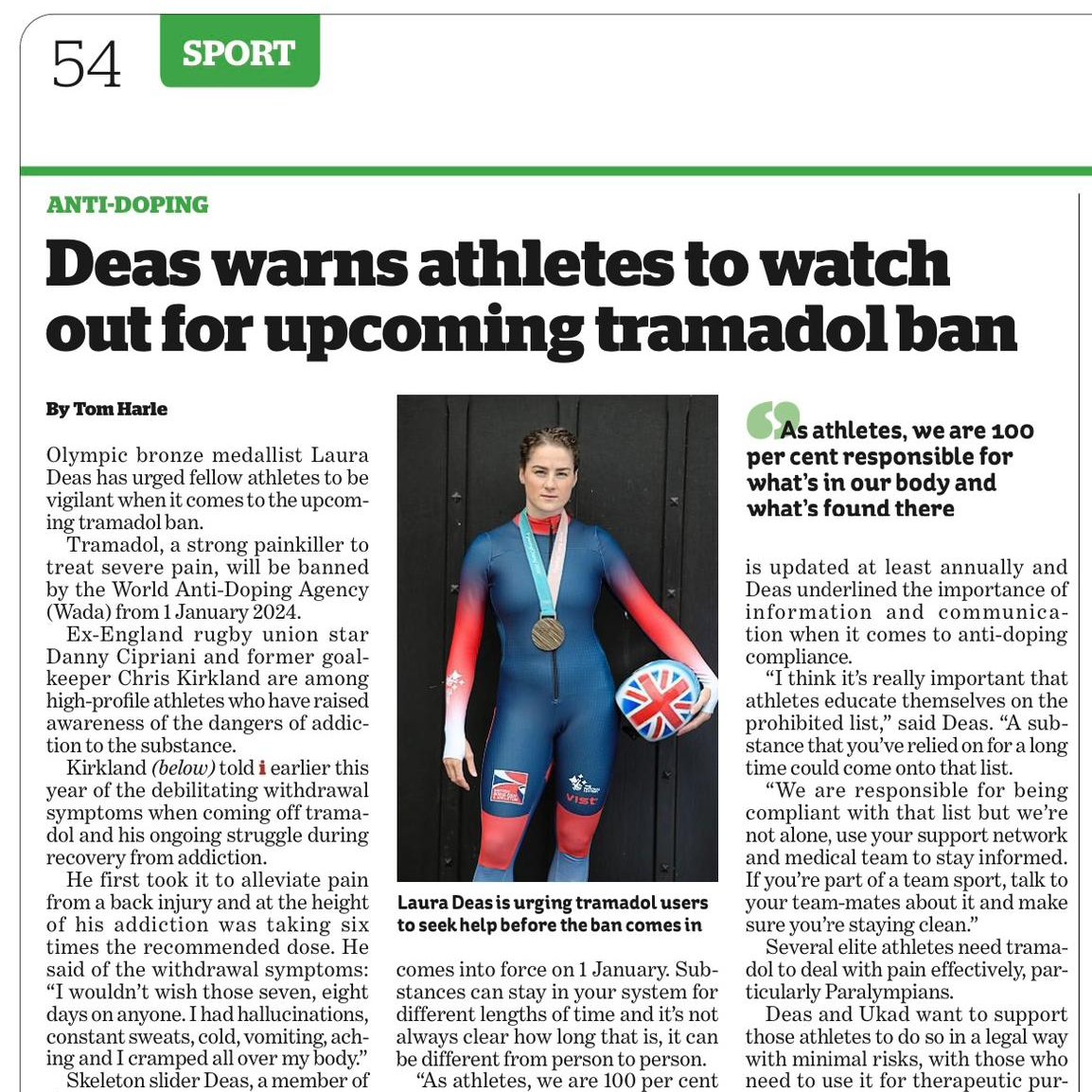 ‼️ @Sportsbeat x @ukantidoping x @skeletonlaura = raising awareness of the upcoming WADA ban on tramadol. “Tramadol can be a dangerous substance and addiction is something to be very wary of.' Last week in @iPaperSport 👇