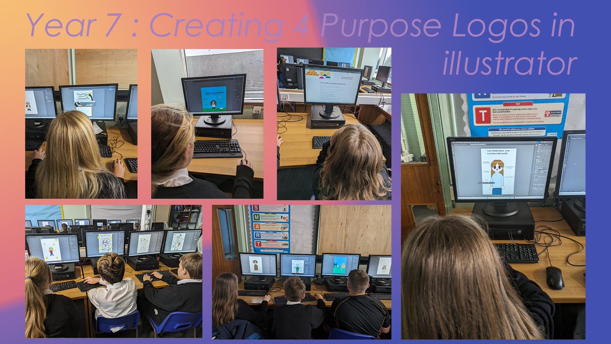 ICTPencoed's tweet photo. Our first half term with Year 7 has been a blast.  We've been mixing up learning the Four Purposes, and a  flashy new skill set, creating logos on illustrator. A few examples below of their super original designs, and  what the four purposes means to them! Da Iawn  @PencoedComp https://t.co/7liDBZgMdC
