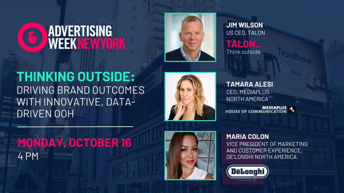 Talon America (@talonoohna) on Twitter photo Today at <a href="/advertisingweek/">Advertising Week</a> New York! Join our US CEO, Jim Wilson, Mediaplus Group CEO, Tamara Alesi, and De'Longhi VP of Marketing and Customer Experience, Maria Colón, on 10/16 at 4 pm to learn how #OOH as a transformed media drives brand and business outcomes.
#ThinkOutside Today at <a href="/advertisingweek/">Advertising Week</a> New York! Join our US CEO, Jim Wilson, Mediaplus Group CEO, Tamara Alesi, and De'Longhi VP of Marketing and Customer Experience, Maria Colón, on 10/16 at 4 pm to learn how #OOH as a transformed media drives brand and business outcomes.
#ThinkOutside