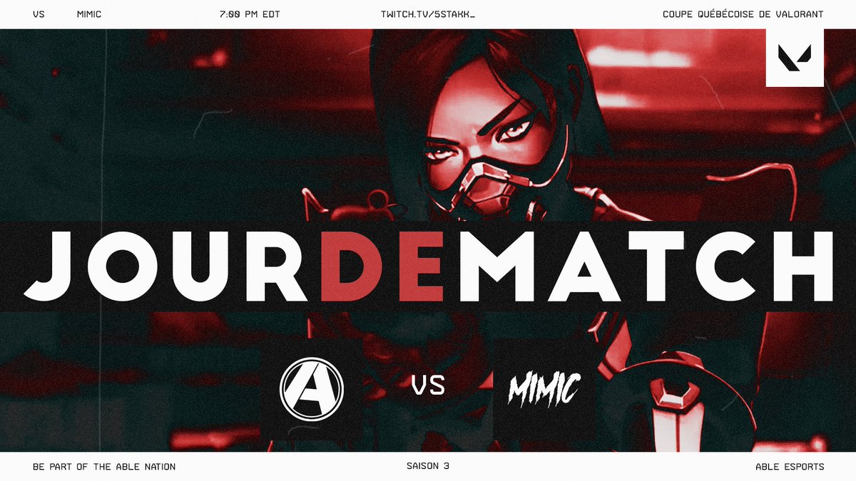 Notre équipe de #VALORANT continue l'action de la <a href="/CQV_Officiel/">Coupe Québécoise de Valorant</a> ce soir. Ça part !

🆚 <a href="/MimicVal/">Mimic</a> 
🕒 19 h
📺 twitch.tv/5stakk_
🎙️ <a href="/Albinouze/">Alban</a> &amp; @solbo24 

@Riouxxxxx
<a href="/Stalker_Fps/">Stalker</a>
<a href="/VolcaNCS/">VolcaN</a>
<a href="/wounD_tv/">wounD 🇨🇦</a>
@XplicitCs