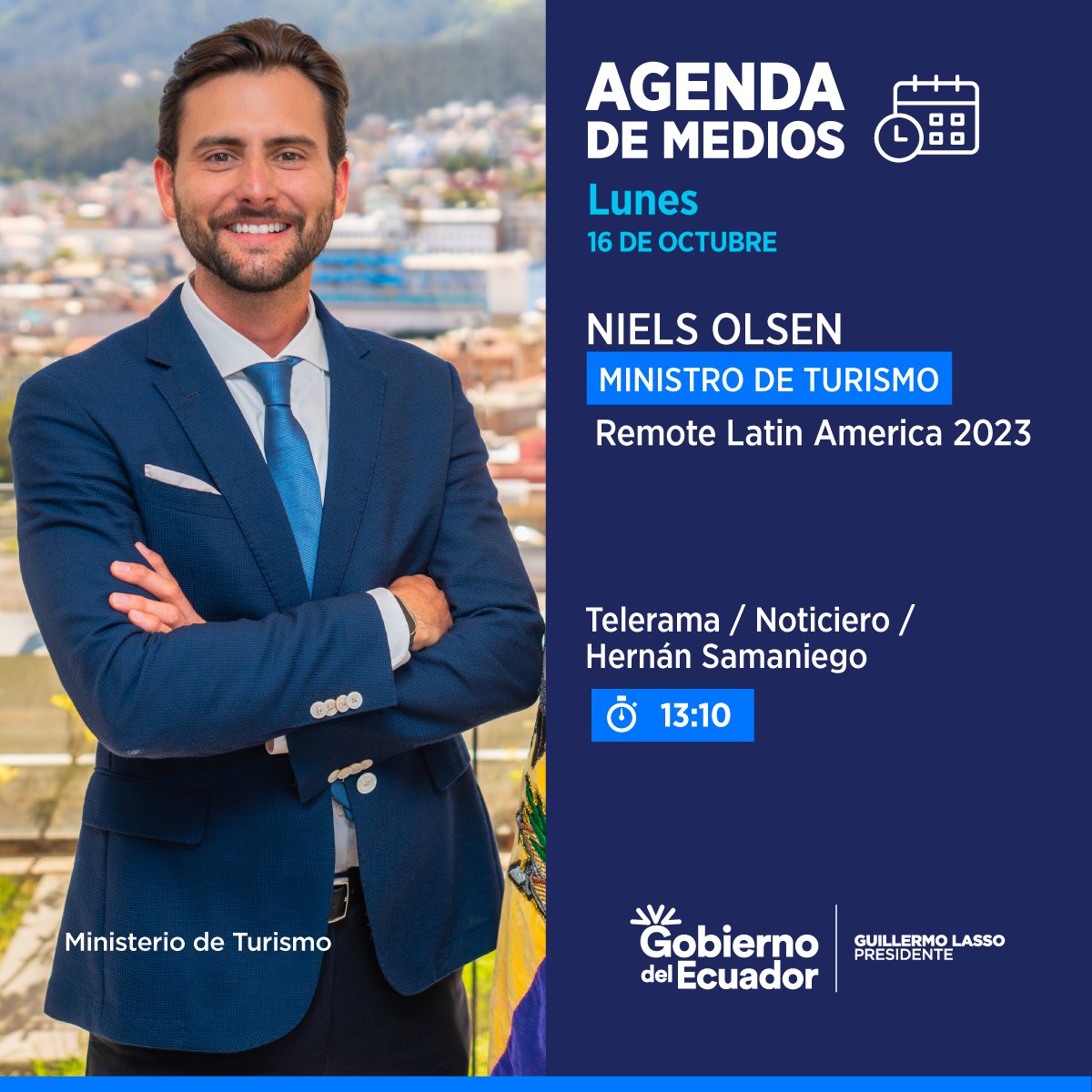 TurismoEc's tweet photo. En breve, el ministro @NielsOlsenp hablará en @teleramaecuador sobre Remote Immersion Cuenca 2023, que se llevará acabo del 16 al 19 de octubre.
¡Acompáñanos!
#RemoteCuenca2023
#NuestroTrabajoContinúa https://t.co/FBNMvgGqXn