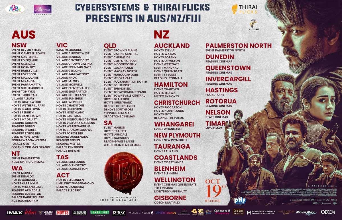 JanaNayaganFilm's tweet photo. #LEO to release in 150 locations across Australia, NZ, Fiji &amp; PNG.  

Massive Release by #CyberSystems and @ThiraiFlicks 💥💥 #LeoFromOct19 https://t.co/pDxkfekhD5