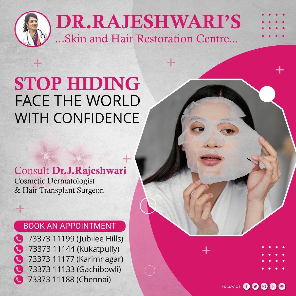 Don't Hide Your Skin – Embrace Your Natural Beauty with Our Experts by Your Side!
drrajeshwaris.com
#SkincareExperts #HealthySkin #NaturalBeauty #GlowingComplexion #ConfidenceInYou #BeautyCare #RadiantSkin #SkincareSolutions #FlawlessFace #LoveYourSkin #ExpertAdvice