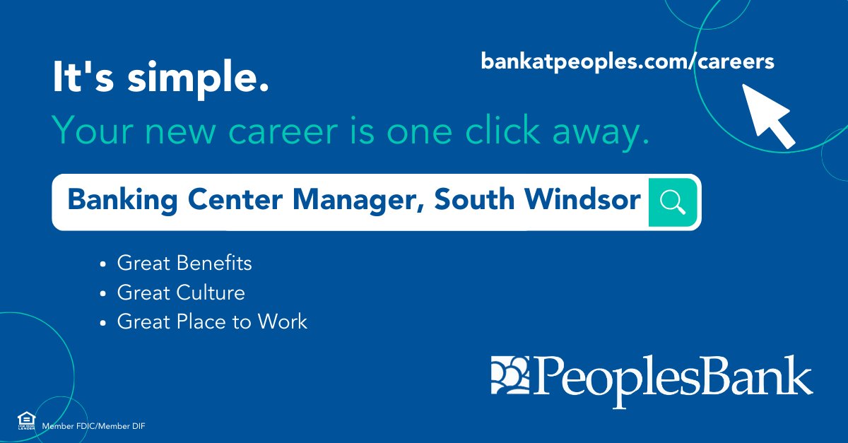 #WeAreHiring for Banking Center Manager- #SouthWindsor Visit bankatpeoples.com/careers to learn more & apply online. #BankAtPeoples #PeoplesBank #RealSimpleBanking #hiringnow #Jobalert #manager #bankmanager #bankingcareer #southwindsorct #swindsor #swindsorct #hartfordcounty