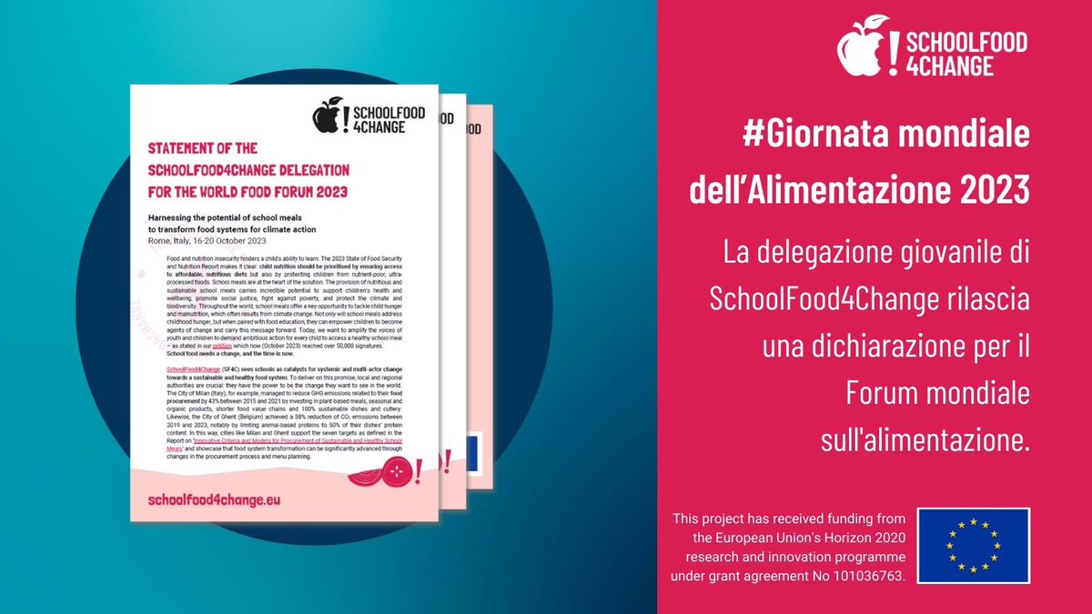 #16ottobre 
#GiornataMondialeDellAlimentazione
La delegazione giovanile di @SF4C_Project #SF4C ha lanciato una dichiarazione sul potenziale dei pasti a scuola! Domani @IlsaPhillips la presenterà al @World_FoodForum. Leggi qui: schoolfood4change.eu/blog/2023/10/1…
#alimentazione #ambiente