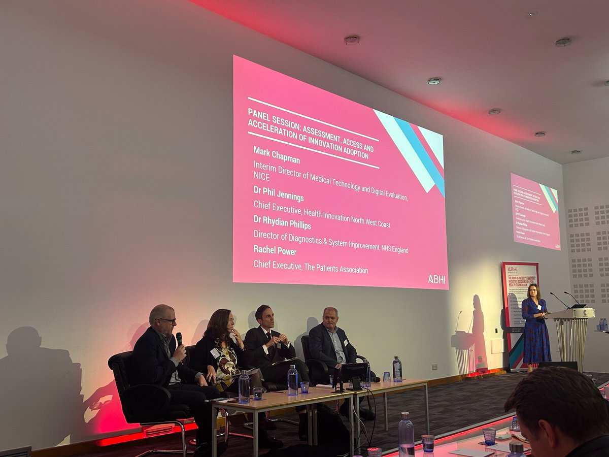 PLMRHealthcomms's tweet photo. What a panel! @NICEComms @innovationnwc @NHSEngland and @PatientsAssoc giving perspectives on action needed to overcome barriers to innovation and access to #healthtech #UKHealthTechConf https://t.co/uBhJDYeQz8