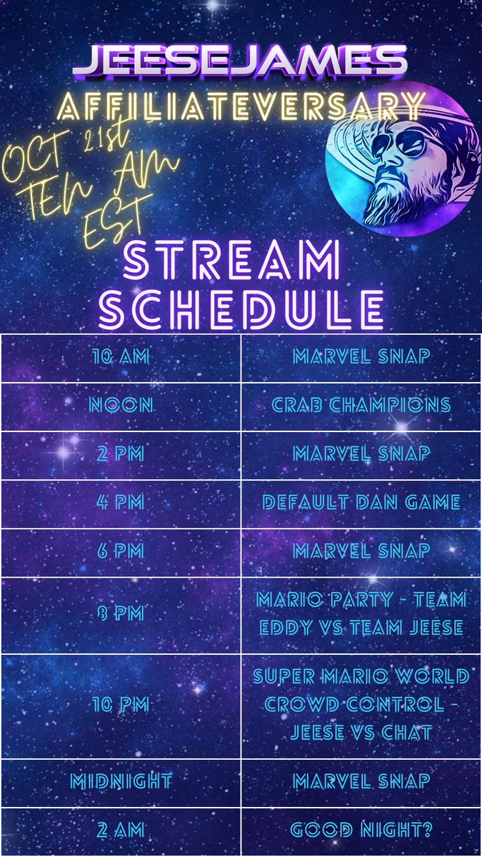 JeeseJames's tweet image. 🚨!! Affiliate Anniversary Celebration !! 🚨
OCT 21th - 10 AM EST - 16 Hrs?

✅ Giveaways
✅ Prize Wheels
✅ Sub Milestones
✅ Sub Incentives
✅ Merch Store Grand Opening
✅ #MarvelSnap 
✅ #CrowdControl
✅ A Fantastic Time

More Info 👇👇👇