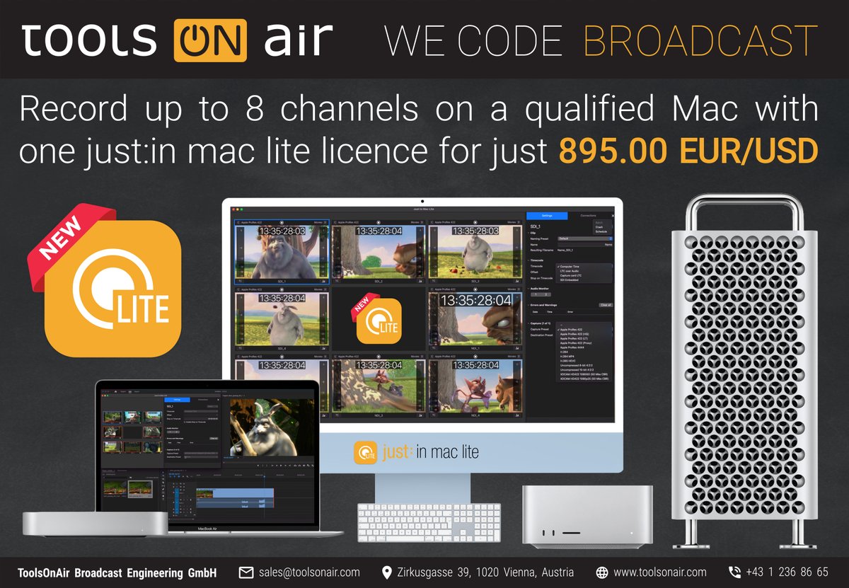 Record up to 8 Channels on a qualified Mac with one just:in mac lite licence for only 895.00 EUR/USD.

toolsonair.com/products/inges…

With just:in mac lite you can record up to 8 channels of SD, HD or UHD video on a single Mac in either Crash or Schedule recording mode. 

Buy it now!