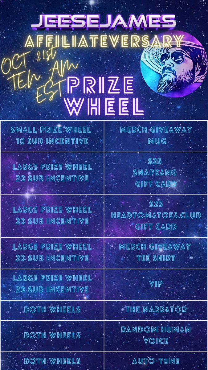 JeeseJames's tweet image. 🚨!! Affiliate Anniversary Celebration !! 🚨
OCT 21th - 10 AM EST - 16 Hrs?

✅ Giveaways
✅ Prize Wheels
✅ Sub Milestones
✅ Sub Incentives
✅ Merch Store Grand Opening
✅ #MarvelSnap 
✅ #CrowdControl
✅ A Fantastic Time

More Info 👇👇👇