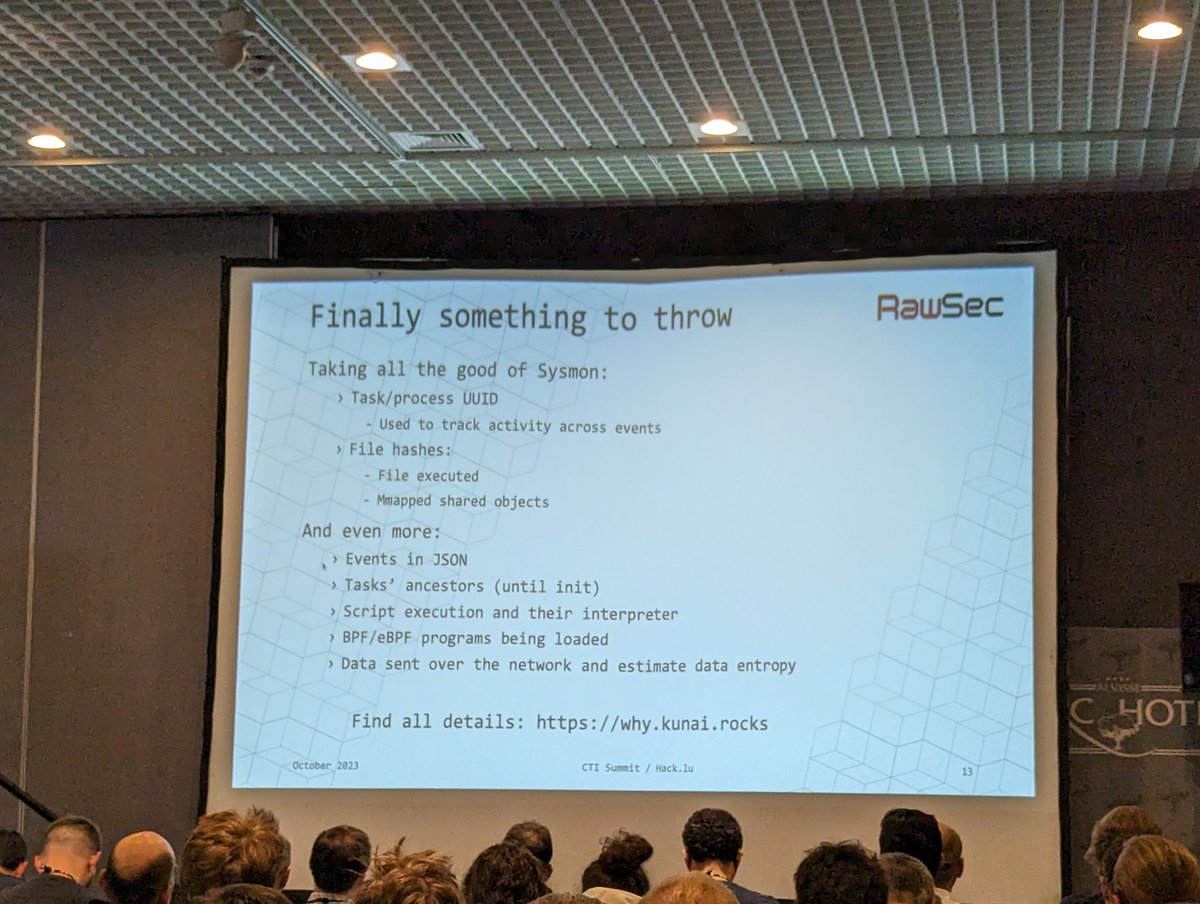 Kunai is an open source sysmon 'clone' developed in rust and based on eBPF (cc @alexei_ast) that has just been presented at #hacklu github.com/0xrawsec/kunai