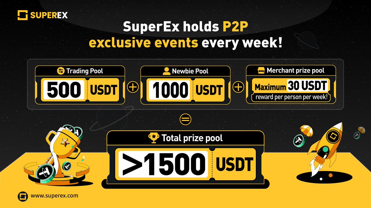 SuperEx weekly P2P exclusive! 🎉
📅Every Mon 16:00 to Thurs 15:59 (UTC).

🔹Buy 200 USDT &amp; get a 5 USDT bonus!
🔹NEW users: Buy 50 USDT &amp; earn a 5 USDT bonus from a 1,000 USDT prize pool! 
🔹For Merchants: Post ads &amp; earn up to 30 USDT!

Register NOW👉 superex.me/3OOj8AS