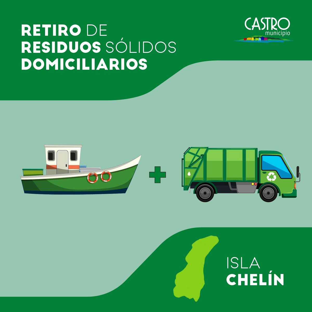 #CastroMunicipio informa que el viernes 20 de octubre de 2023 se realizará la recolección de residuos sólidos en ISLA CHELÍN, sujeta a las condiciones climáticas.
Agradecemos a la comunidad sacar los contenedores a la vía pública en horario habitual para una recolección eficiente