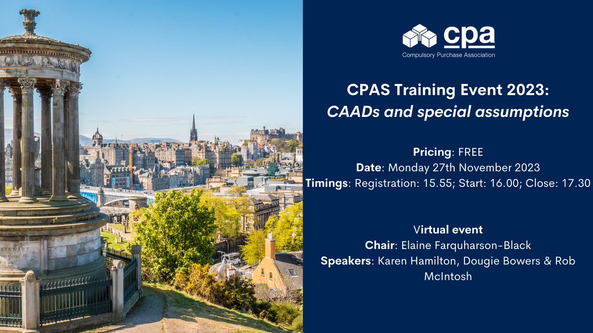 📢 New event Announcement📢
CPA Scotland are running a FREE Virtual Training event for Members and Non Members. The event will take place on Monday 27th November at 16.00 - 17.30.

To book place use the link here: compulsorypurchaseassociation.org/scpa-training-…