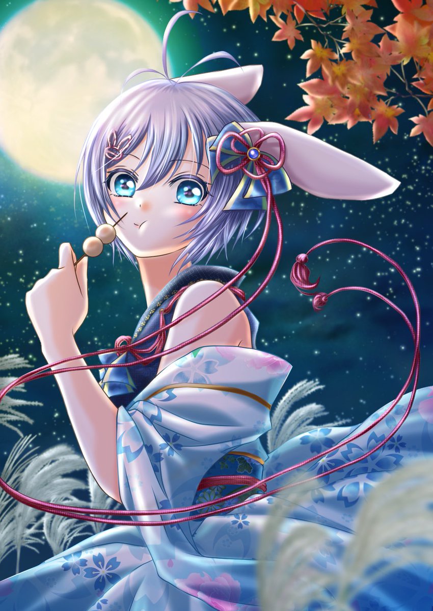 siro (dennou shoujo youtuber siro) 1girl solo moon japanese clothes blue eyes kimono food  illustration images