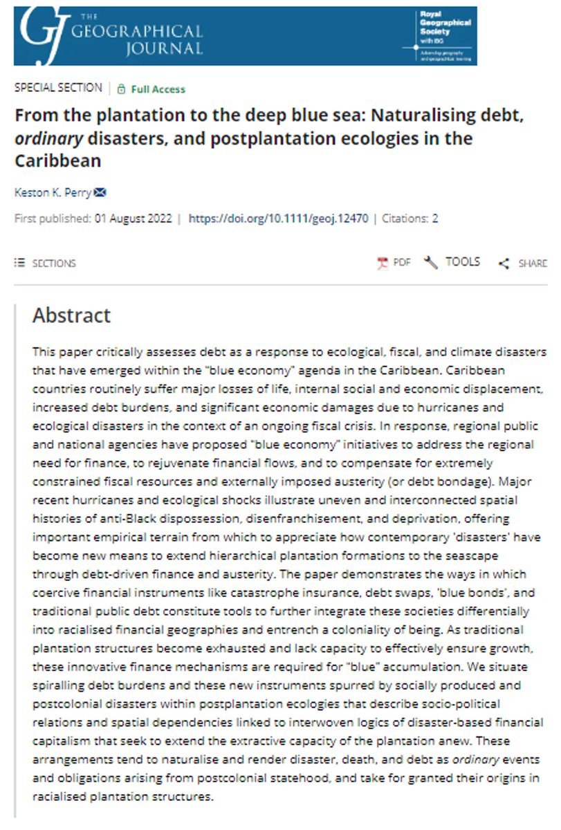 First up, @radical_carib 's paper: 'From the plantation to the deep blue sea: Naturalising debt, ordinary disasters, and postplantation ecologies in the Caribbean'. Perry looks at climate and the racialised financial geographies of the region. doi.org/10.1111/geoj.1…