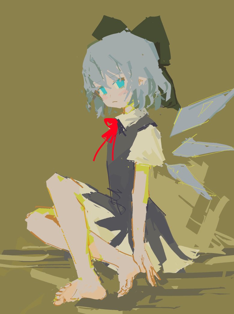 cirno 1girl solo barefoot wings blue hair bow dress  illustration images