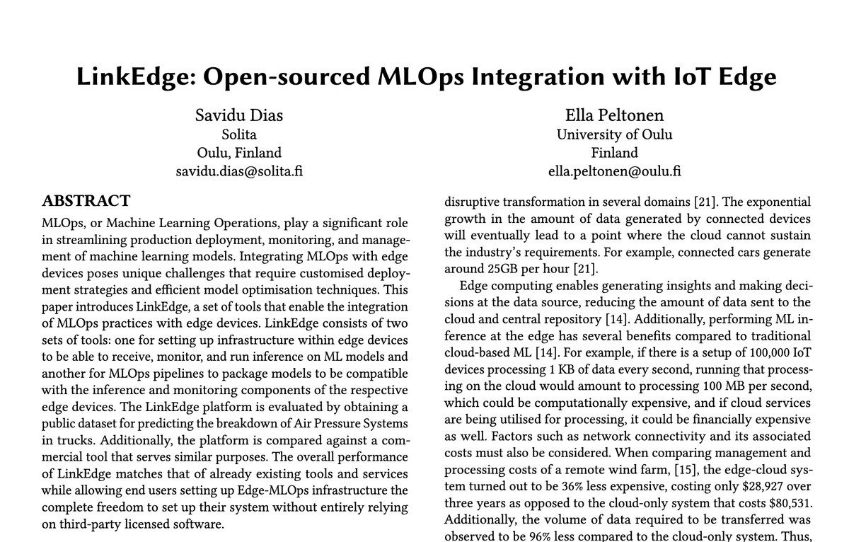 Ella_Peltonen's tweet photo. Our paper "LinkEdge: Open-sourced MLOps Integration with IoT Edge" is presented tomorrow at @EclipseFND ESAAM conference on @EclipseCon #EclipseCon2023! 

Read the preprint at https://t.co/wZQssyhzkH https://t.co/TEm9bR9ohx