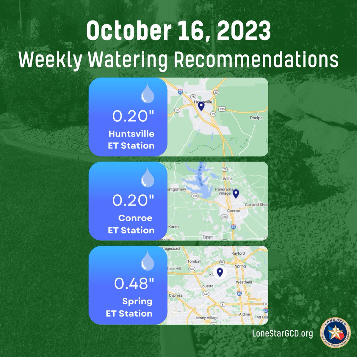 LoneStarGCD's tweet photo. 🚰 Weekly Water Recommendations - October 16, 2023 🚰
For more details or to subscribe to our weekly Water Recommendation emails, visit: https://t.co/HyYnBwRxad 💧
#LoneStarGCD #WaterConservation #NatureProvides #WeeklyRecommendations https://t.co/bttW4NZj9q