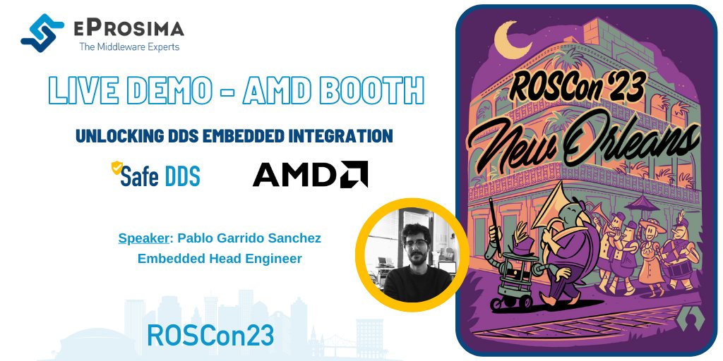 EProsima's tweet photo. 🎤Find us during #ROSCon2023 at @AMD stand, delivering a demo by Pablo Garrido, Embedded Head Engineer at eProsima
Learn about the utilization of #SafeDDS across all three cores of the AMD KR260 platform
See you in New Orleans ➡️ https://t.co/Vb1XIGOCx0
#Robotics #eProsima #GoROS https://t.co/Xh5LxvqcDJ