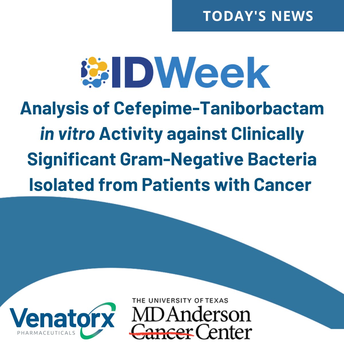 VenatorxPharma's tweet photo. #IDweek2023: cefepime-taniborbactam, an investigational antibacterial agent, demonstrated higher in vitro activity vs antibiotics against clinically significant gram-negative bacteria isolated from #cancer patients at @MDAnderson https://t.co/2eoEq2uP1Q #cancer #StandUptoCancer https://t.co/uP6oDi39mZ