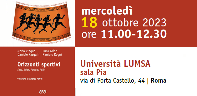 Domani alle 11.00 la presentazione del libro "Orizzonti sportivi. Epos, Ethos, Paideia, Polis", di cui sono autori – tra gli altri – i docenti #LUMSA R. Regni e M. Cinque. Incontro organizzato dall'Ateneo insieme a <a href="/CSInazionale/">Centro Sportivo Italiano</a>, <a href="/Gp2Sport/">Fondazione Giovanni Paolo II per lo Sport</a>, <a href="/editriceave/">Editrice Ave</a>. lumsa.it/presentazione-…