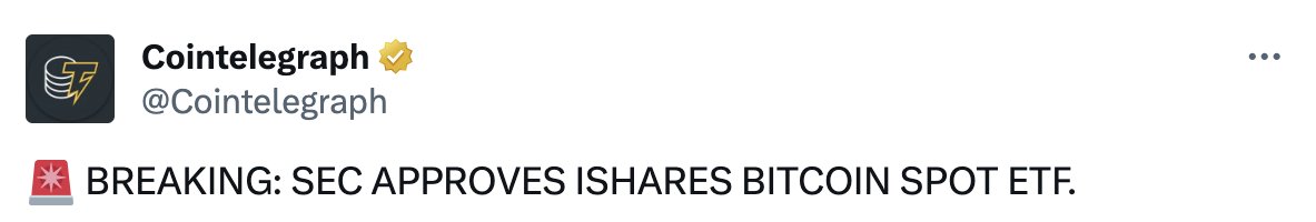 Bu aşağıdaki arkadaşlar bitcoin etf onaylandı diye haber geçti ve piyasa zıpladı. Haber doğru değilmiş.
Aşağıdaki twiti de: 'Bildirildi'
şeklinde düzenlediler