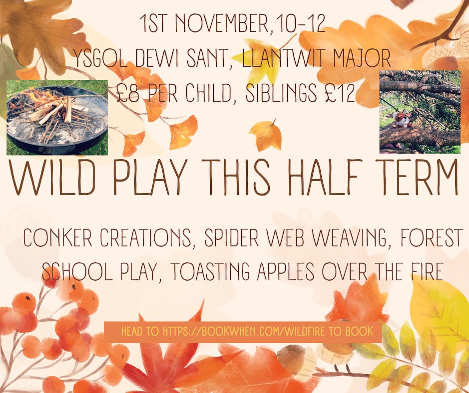 We’ll be in Llantwit Major on Wednesday 1st November for some forest school fun. Suitable for children of any age. Head to bookwhen.Com/wildfire for more information and to book