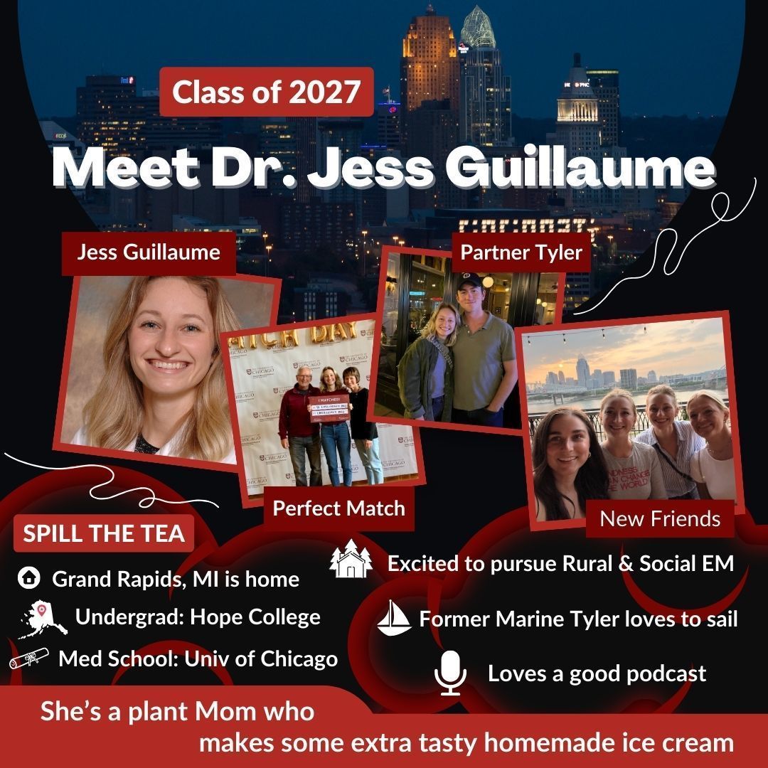Dr. Guillaume is from Grand Rapids MI. She did undergrad at @HopeCollege before @UChicagoMed She’s interested in #RuralEM & #SocialEM so is excited about the diversity of our area. Her partner Tyler is a former Marine who loves to sail ⛵ & eat Jess's homemade ice cream 🍨