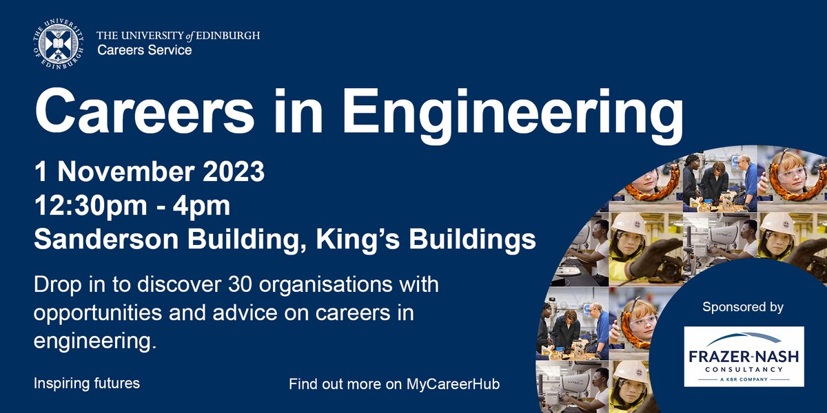 School of Engineering (@schoolofeng_uoe) on Twitter photo 📣 Save the date! 📣 Our Careers in Engineering Fair takes place on 1 November, 12.30-4pm.
Drop in to discover 30 employers with opportunities and get advice on #careers in #engineering.
Find out more ⏩ edin.ac/3RWmsvu
<a href="/uofedcareers/">University of Edinburgh Careers Service</a> 📣 Save the date! 📣 Our Careers in Engineering Fair takes place on 1 November, 12.30-4pm.
Drop in to discover 30 employers with opportunities and get advice on #careers in #engineering.
Find out more ⏩ edin.ac/3RWmsvu
<a href="/uofedcareers/">University of Edinburgh Careers Service</a>