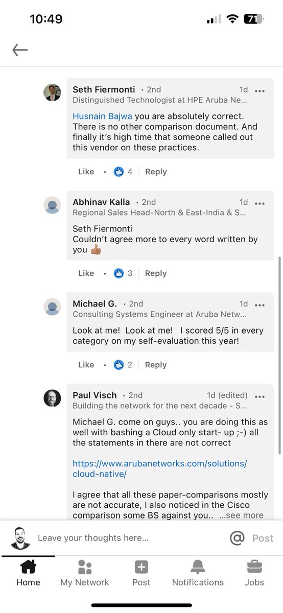 psibalde's tweet photo. @sethfiermonti Your post is still there and you even got to interact in the comments. 

I think the discussion is valid since this practice is common in all vendors (I’ve worked with Juniper, Cisco, Aruba...)

And as mentioned in other comments, the post is just about that, let’s go to Poc! https://t.co/OYw4hKjrMw