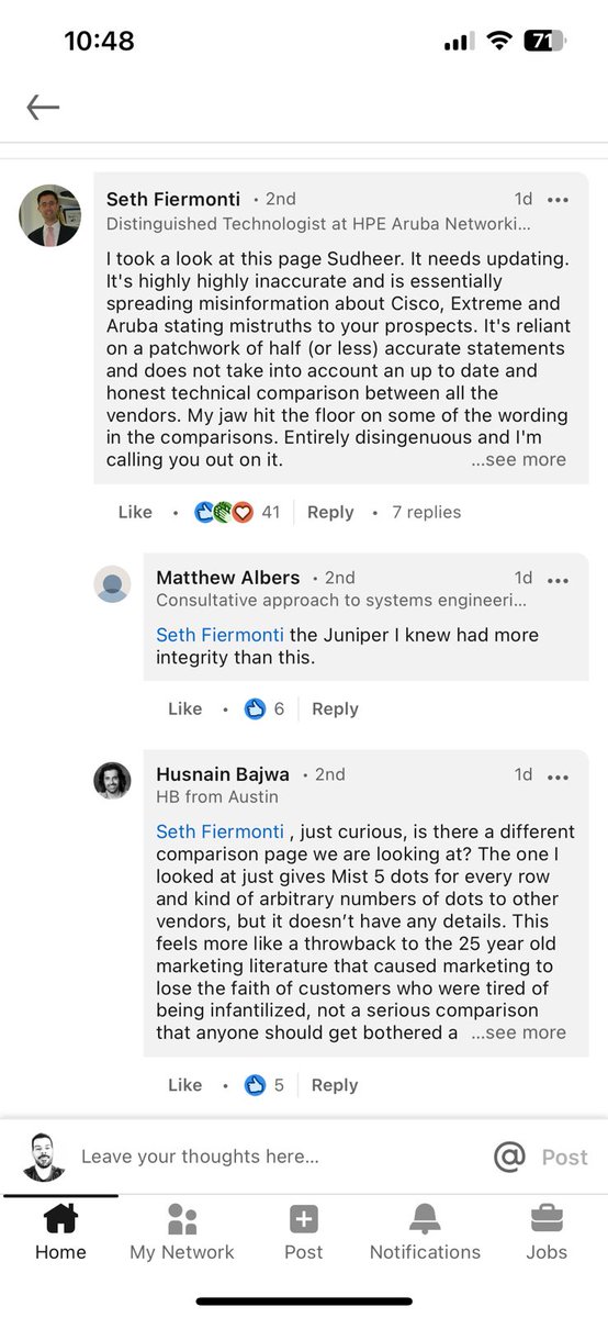 psibalde's tweet photo. @sethfiermonti Your post is still there and you even got to interact in the comments. 

I think the discussion is valid since this practice is common in all vendors (I’ve worked with Juniper, Cisco, Aruba...)

And as mentioned in other comments, the post is just about that, let’s go to Poc! https://t.co/OYw4hKjrMw