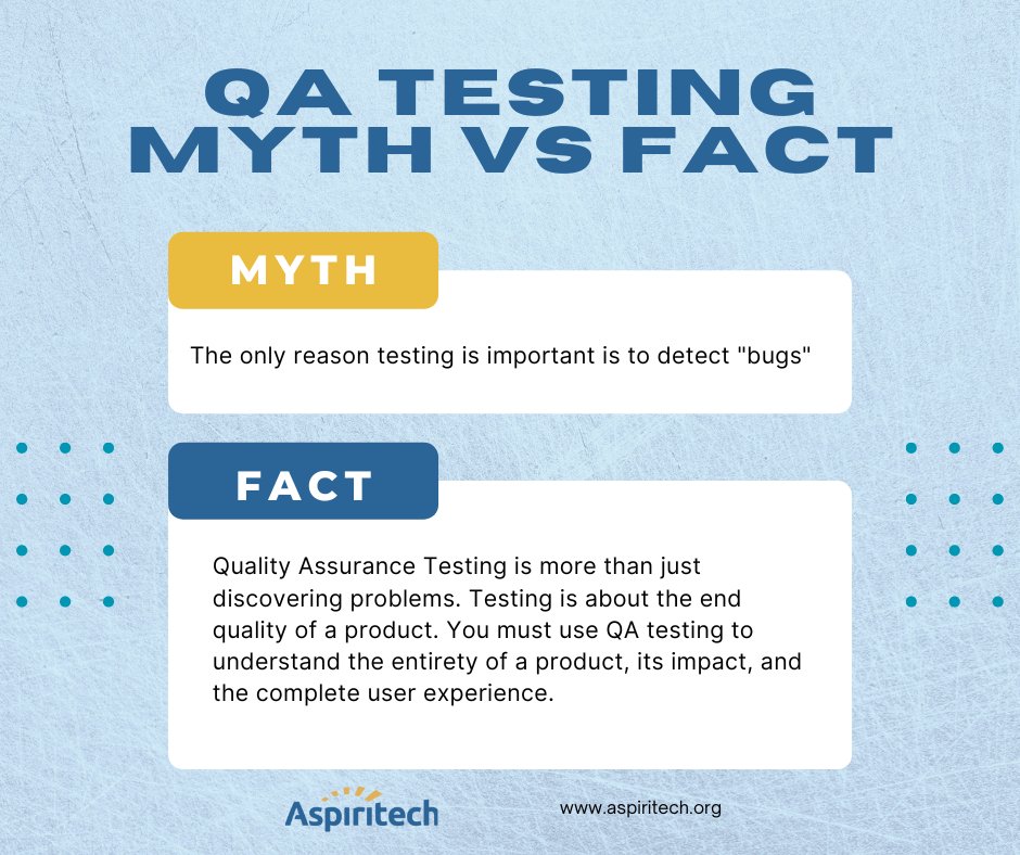 Aspiritech's tweet image. Did you know that #QualityAssurance Testing goes beyond issue discovery? #QAtesting encompasses the overall product quality, understanding its full impact, and ensuring a complete #UserExperience. 
#DevOps #FutureOfWork #Neurodiversity #TestAutomation #SoftwareTesting