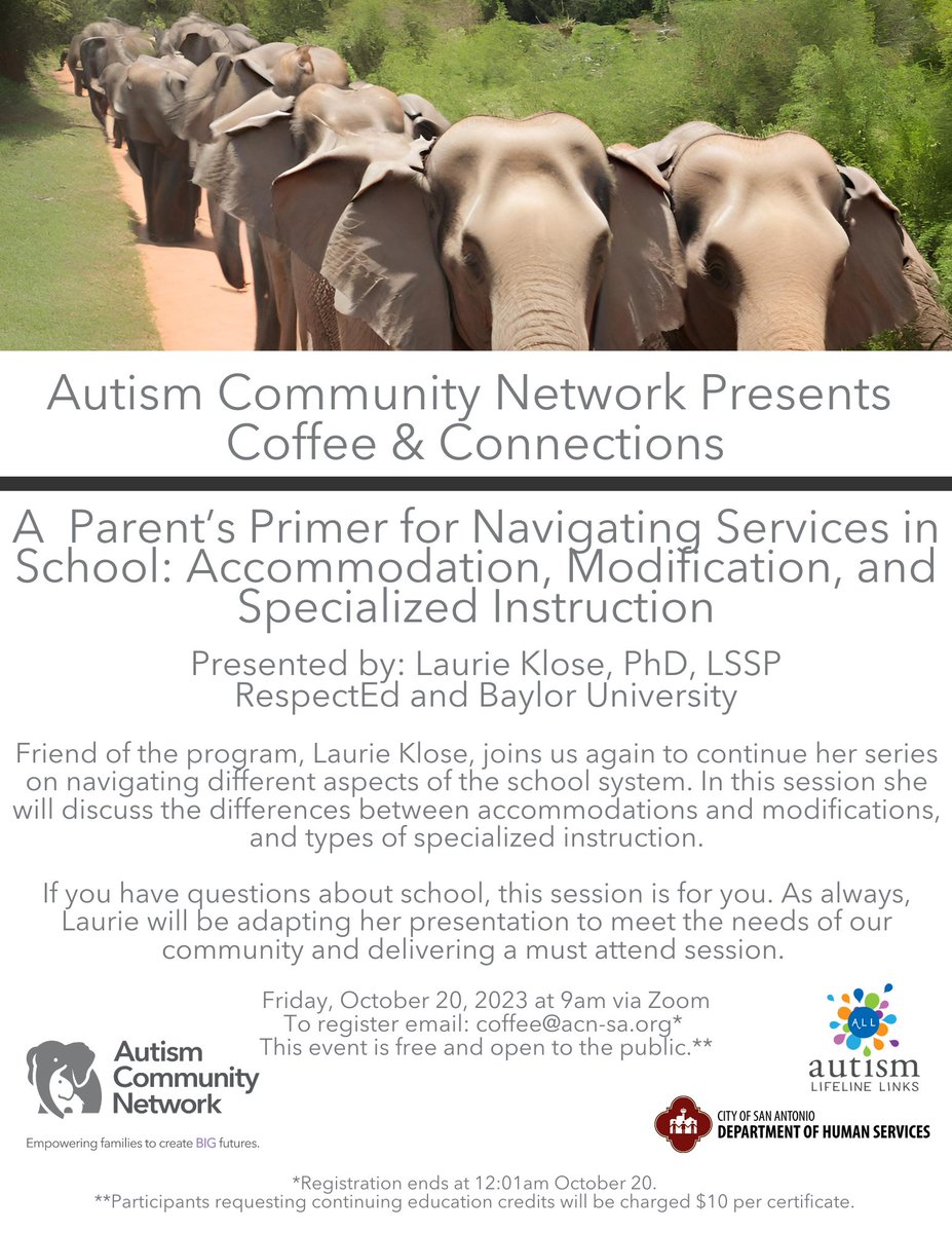 Join us this Friday, October 20 for our virtual series Coffee and Connections as we welcome back our friend Laurie Klose from RespectEd and Baylor University. #coffeeandconnections #neurodiversity #autism #accomodations #modifications #specializedinstruction #education